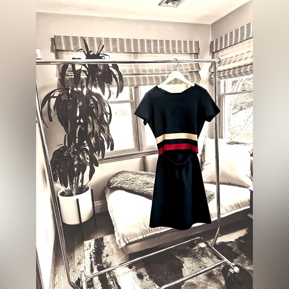 Emporio Armani classic navy dress with red, white, and blue strip at waist